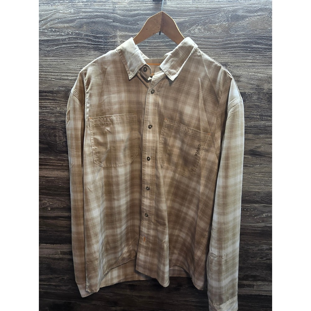 Orvis‎ Mens Tan Plaid Long Sleeve Fishing Hiking Button Down Shirt Size L